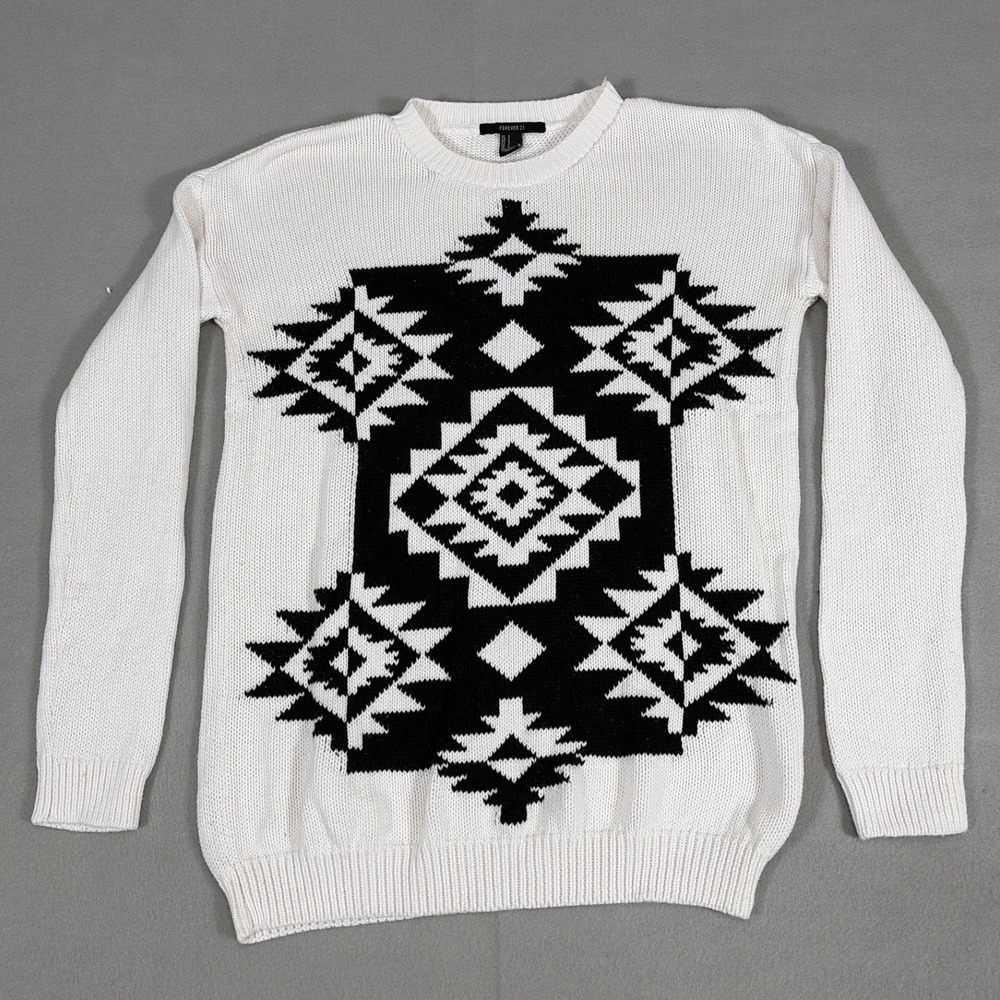 Forever 21 Womens Small White Black Geometric Southwestern Knit Cotton Sweater